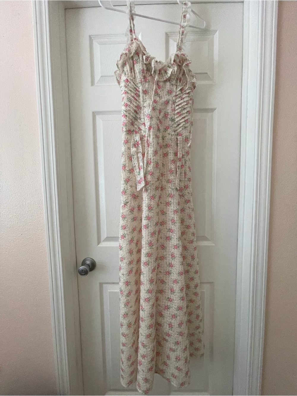 Floral Cream Maxi Dress with Pink Print and Ruffle Neckline